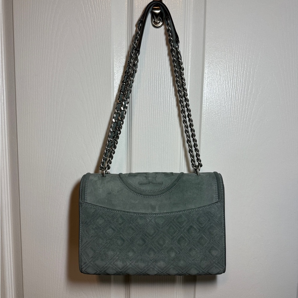Tory Burch Blue Clay Suede Large Convertible Fleming Shoulder Bag with Tassel - Picture 2 of 9